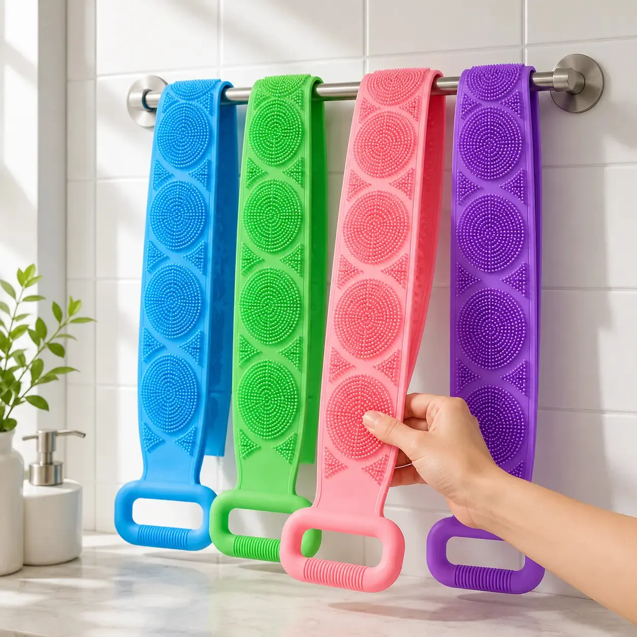 Silicone bath brush showing stretch
