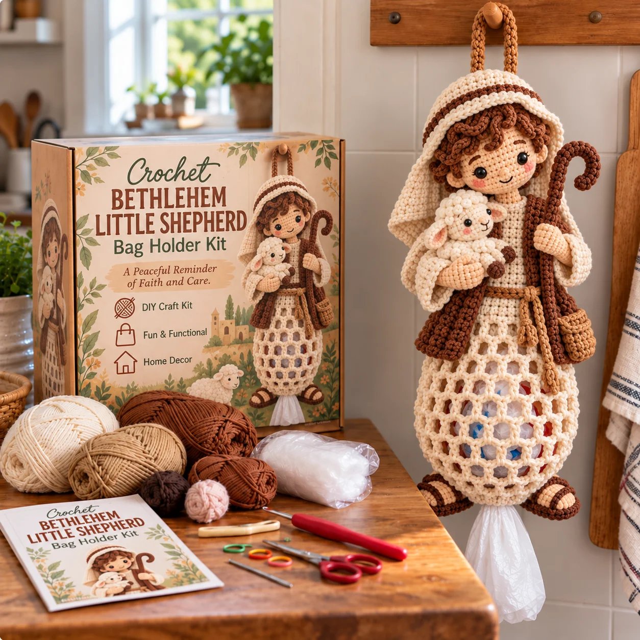 Shepherd crochet bag holder kit and completed character with lamb and shepherd crook
