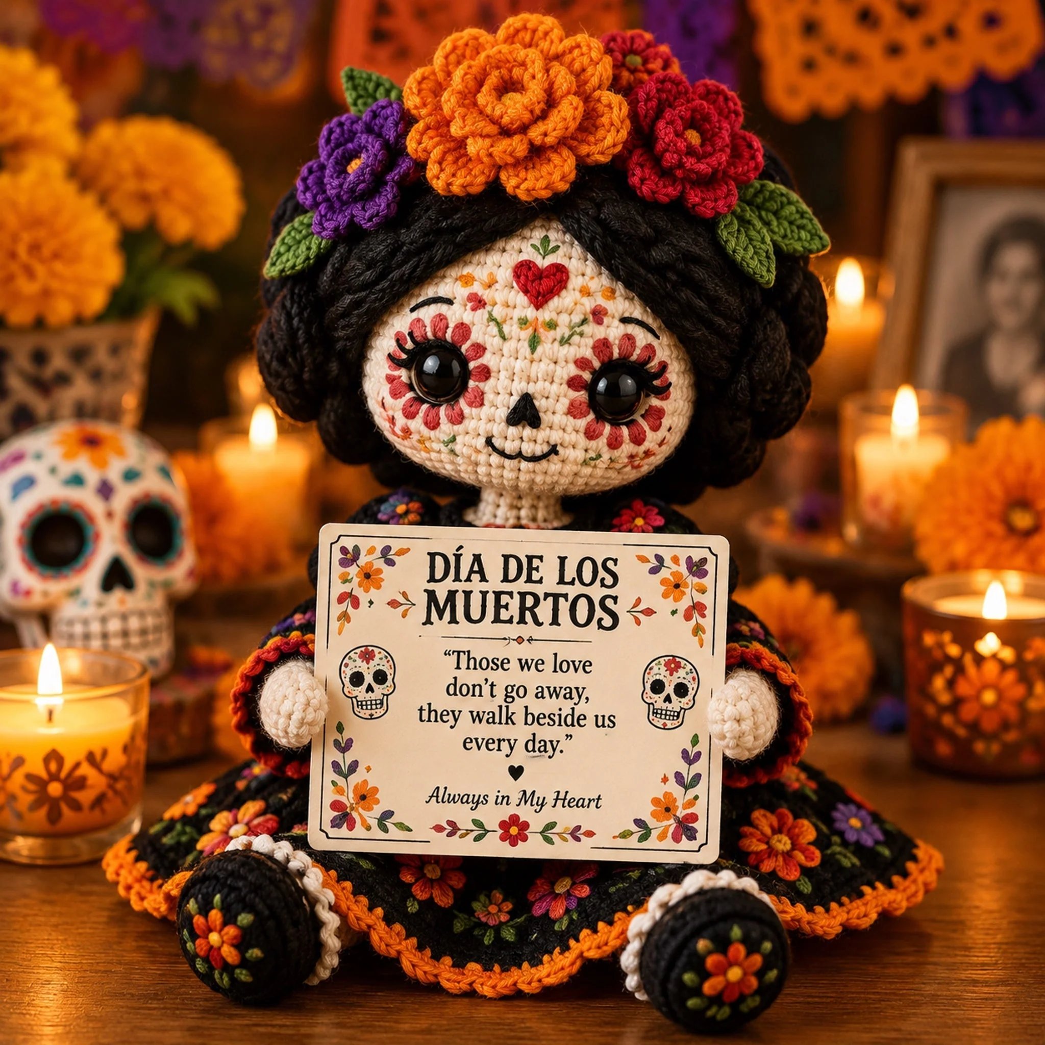 🖤Handcrafted Día de los Muertos Catrina Crochet Doll – Sugar Skull Memorial Keepsake