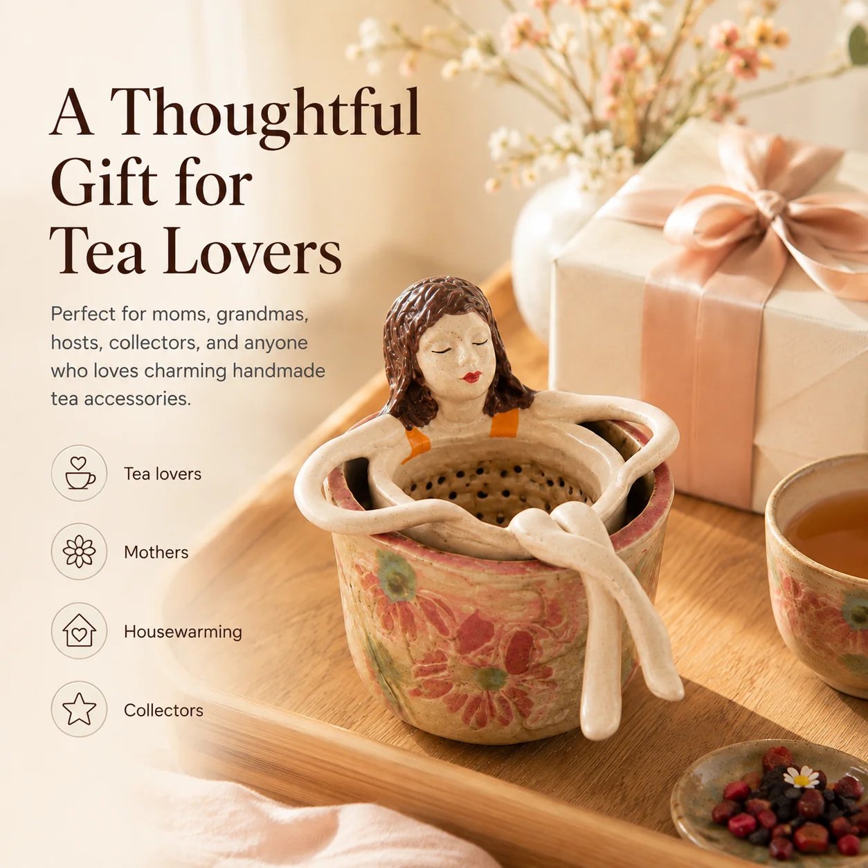 Whimsical Sitting Lady Ceramic Tea Strainer