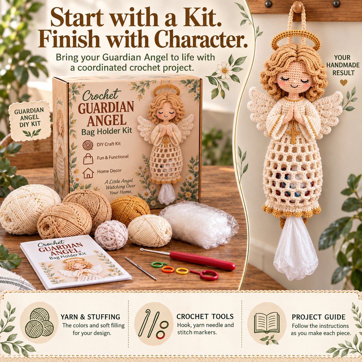 Guardian Angel DIY kit with yarn, stuffing, crochet tools and project guide beside the completed hanging bag holder