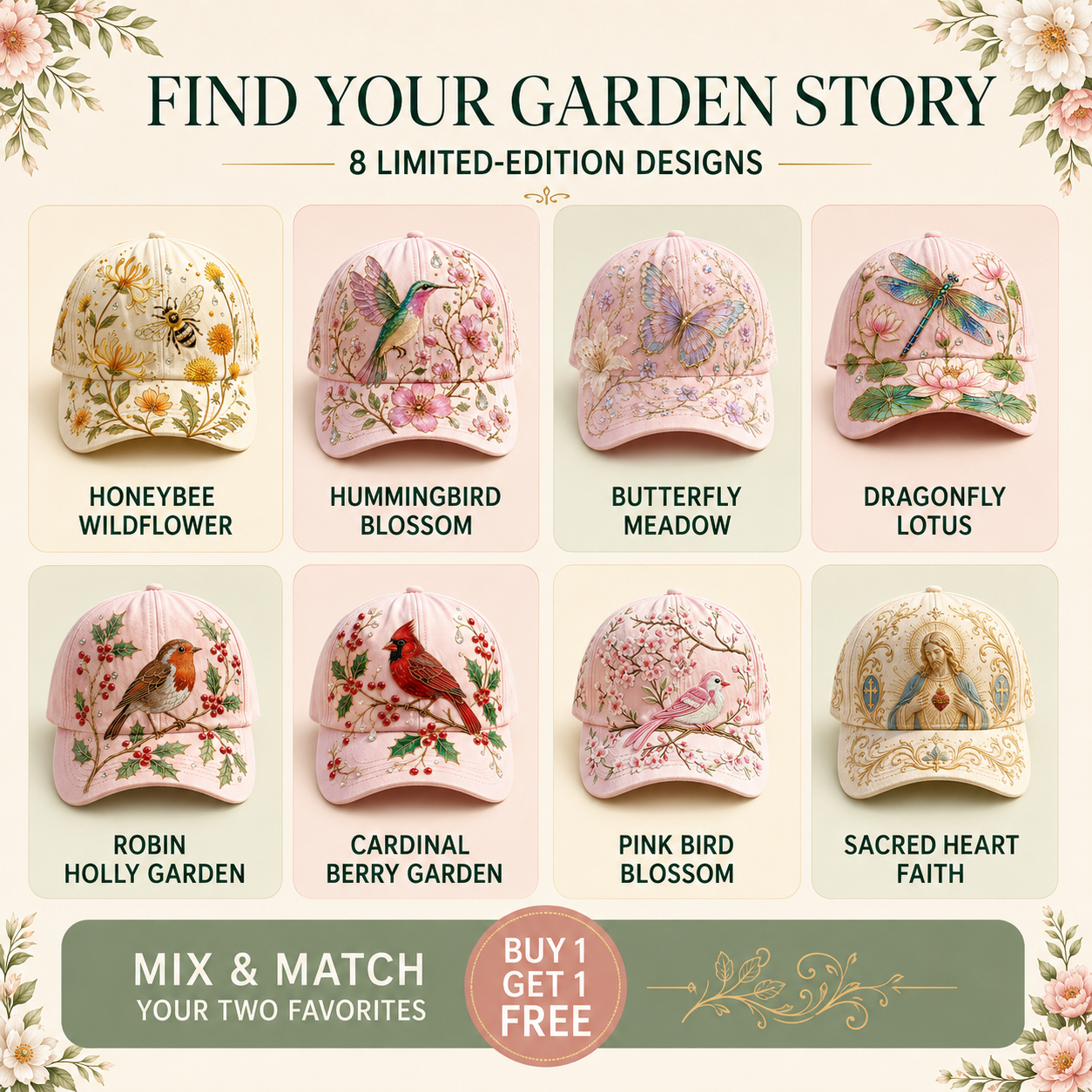 Multiple botanical hat styles