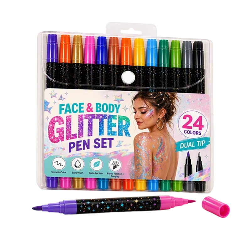 🌸24-Color Face & Body Glitter Marker Set – Dual Tip Sparkle Makeup Pens for Festival, Party, Halloween & Creative Body Art