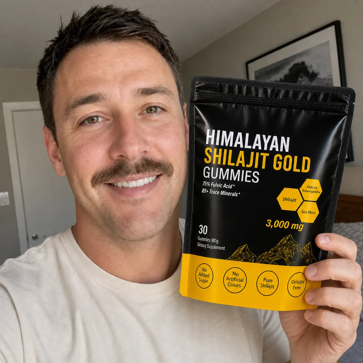 Customer holding MENRYX gummies at home