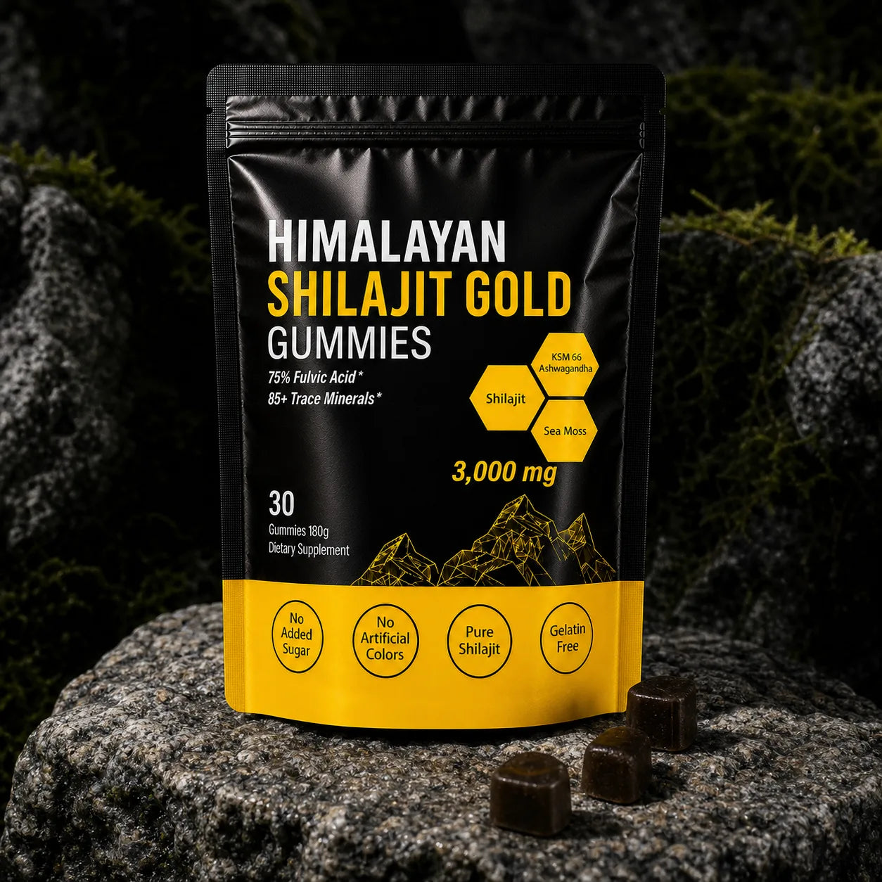 MENRYX Himalayan Shilajit Gold Gummies on a natural rock