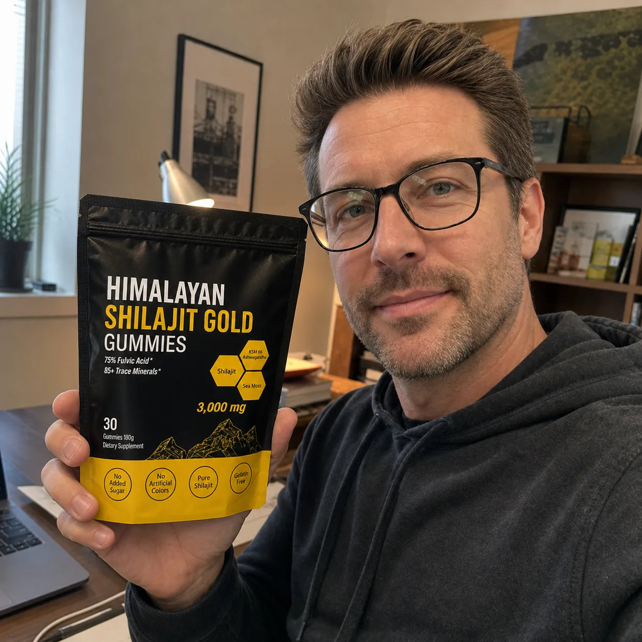 Customer holding MENRYX gummies in a home office