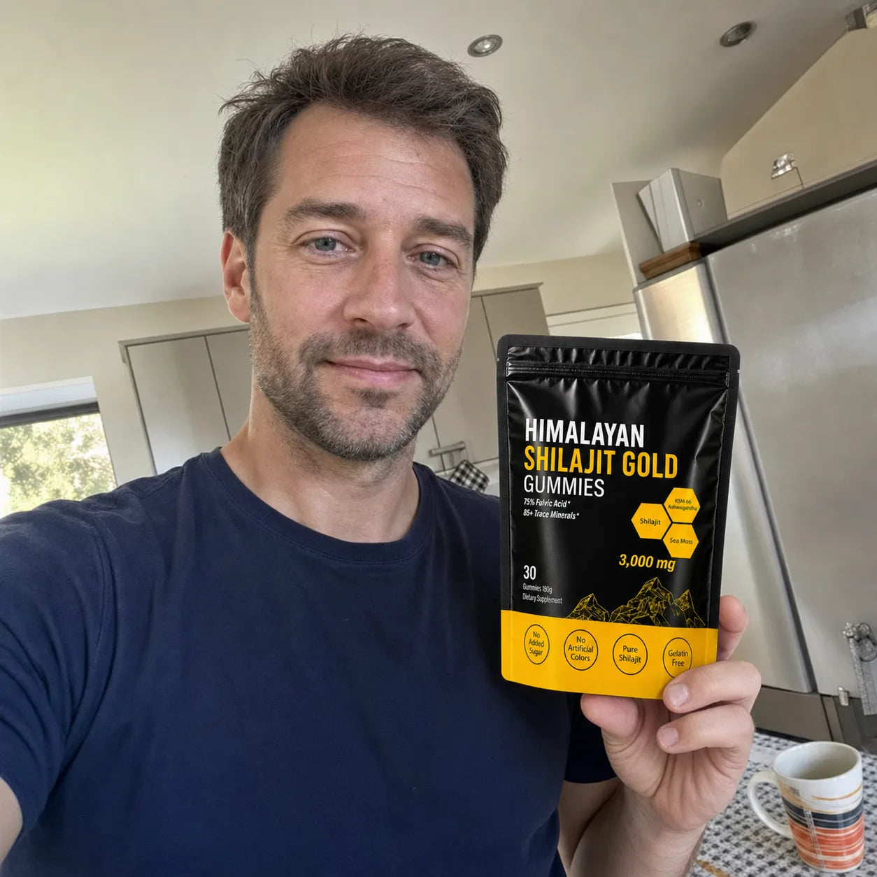 Customer holding MENRYX gummies in a kitchen