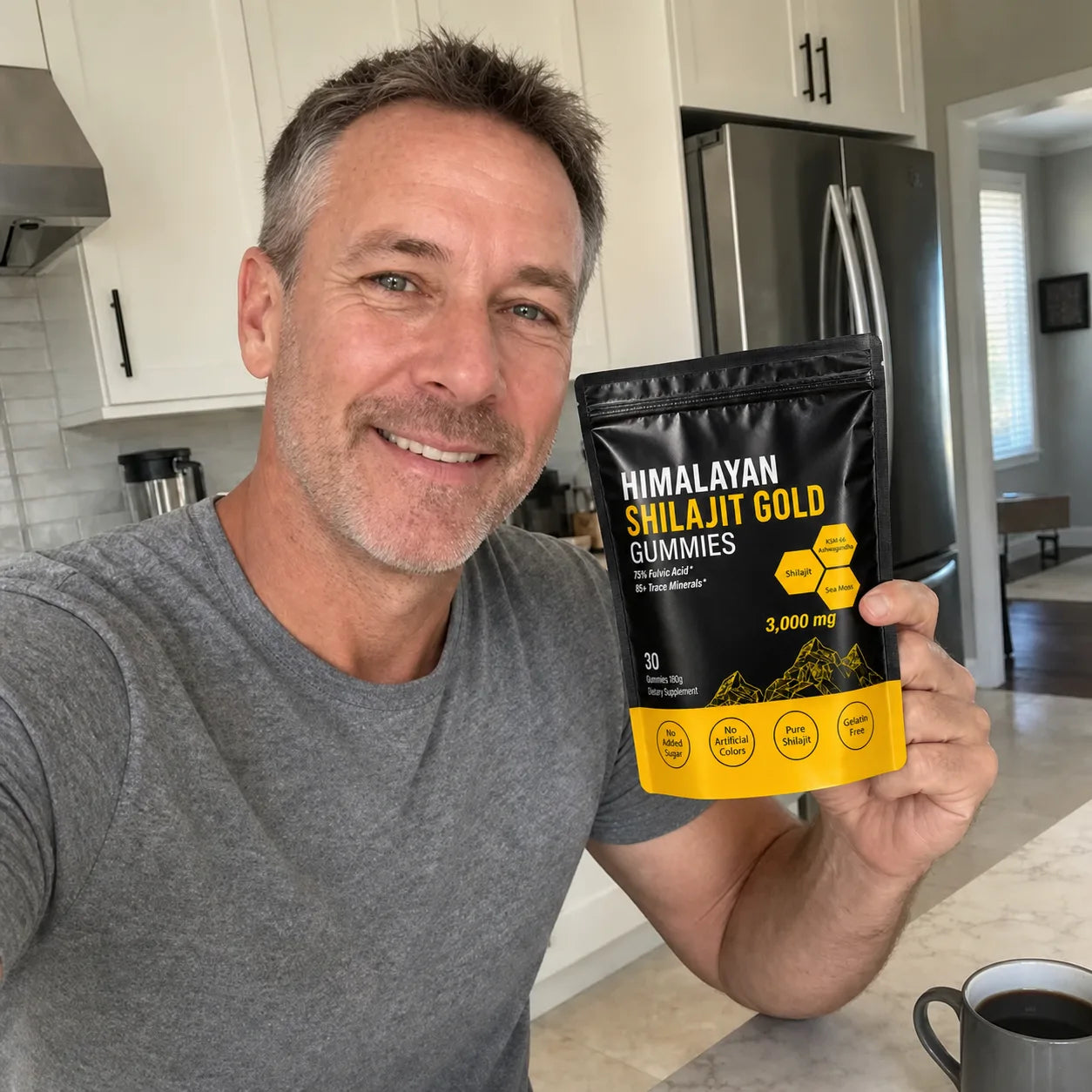 Customer holding MENRYX gummies in a bright kitchen