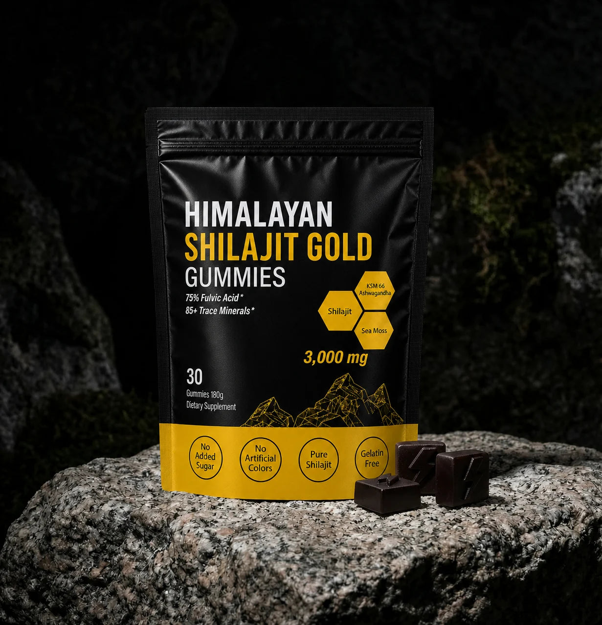 MENRYX Himalayan Shilajit Gold Gummies pouch on a rock scene