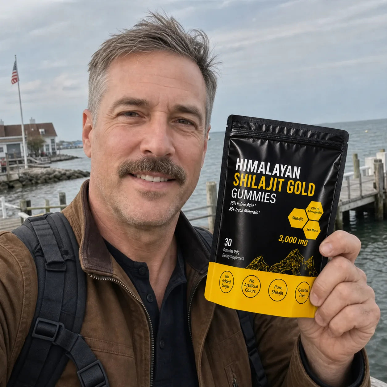 Traveler holding MENRYX gummies by the waterfront