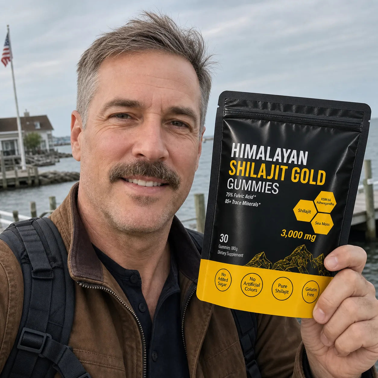 Traveler holding MENRYX gummies by the waterfront