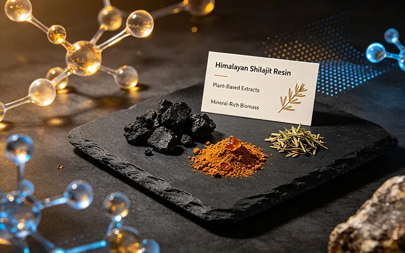 Himalayan shilajit resin with plant extracts and mineral-rich biomass display