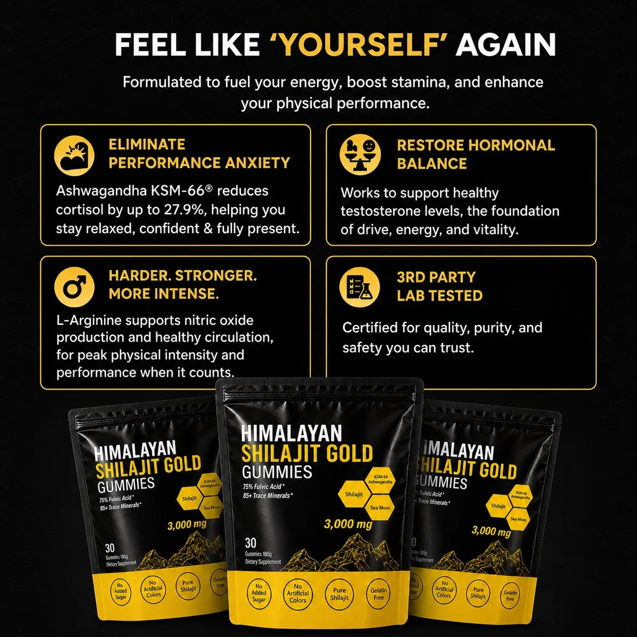 Three Menryx Himalayan Shilajit Gold Gummies pouches with daily formula benefits