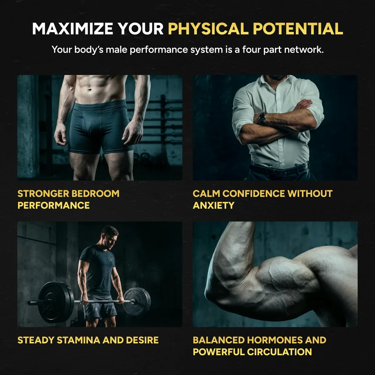 Menryx Performance Gummies physical potential infographic with workout and lifestyle benefits