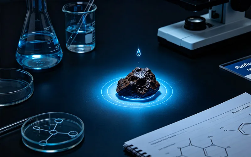 Purified shilajit sample in a laboratory testing setup with blue analysis light