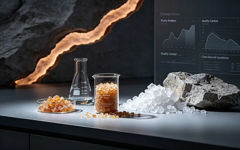 Shilajit purity and quality control lab scene with resin and mineral samples