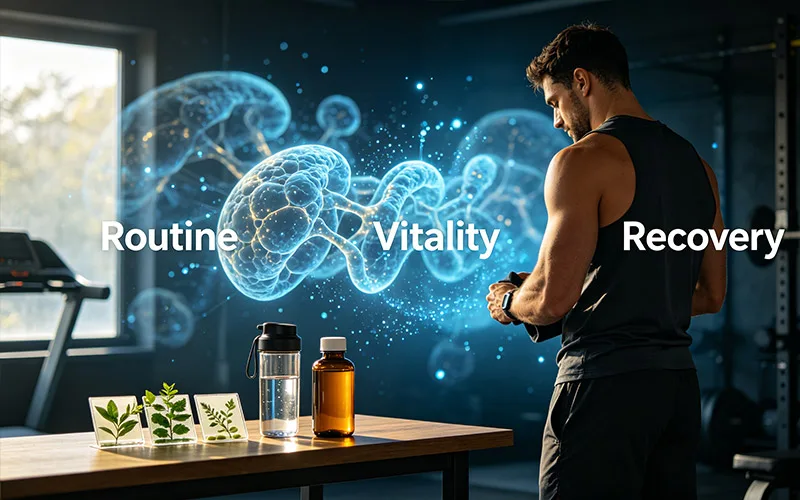 Athlete in gym with routine vitality and recovery words for shilajit performance article