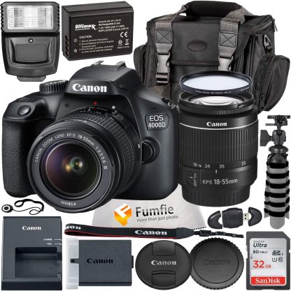 Cámara Canon EOS 4000D con Lente EF-S 18-55mm f/3.5-5.6 III y Accesorios Profesionales: Batería de Repuesto LPE10, Flash Esclavo, Bolsa Grande para Dispositivos en Negro
