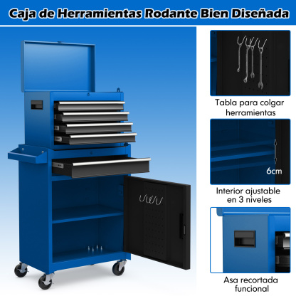 Caja para Herramientas Rodante de 5 Cajones, Armario para Herramientas de Gran Capacidad con Ruedas Bloqueables, Estante Ajustable y Forro Antideslizante, para Garaje Rojo y Negro