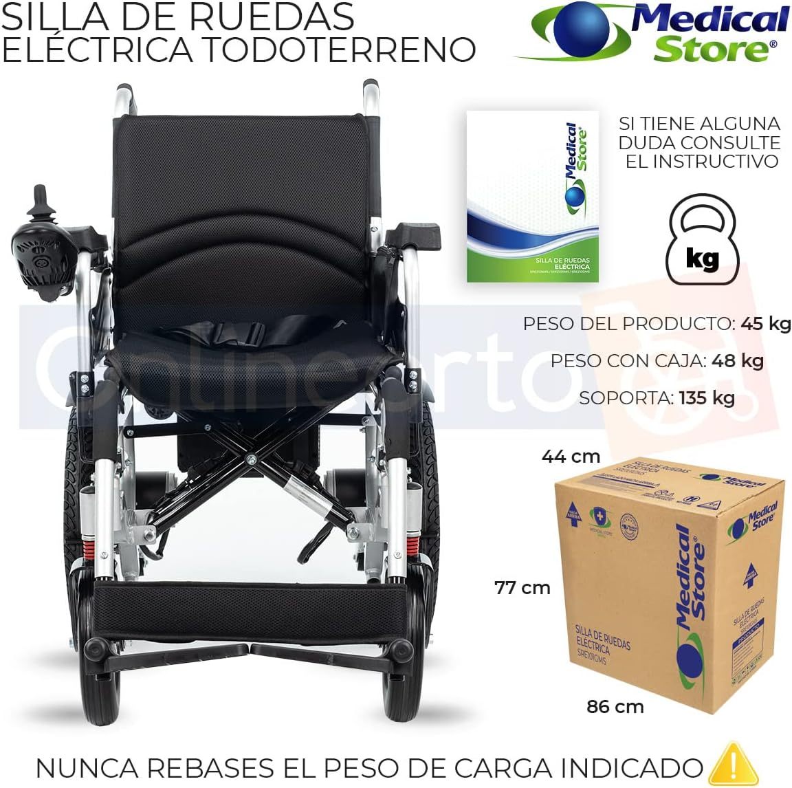 Medical Store de Lujo Silla De Ruedas Eléctrica, Modelo 101GMS, Silla Plegable de Acero de Alta Resistencia, Color Negro, Incluye Cinturón de seguridad y Control Joystick.