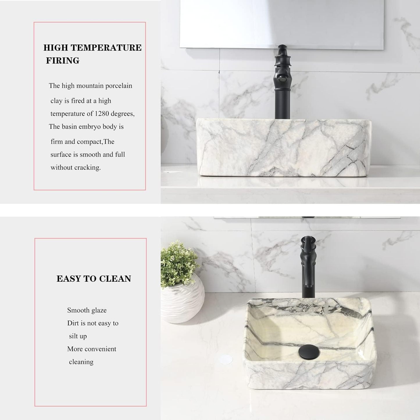 VOKIM - Conjunto de fregadero y llave de baño de 20 x 14 pulgadas, rectángulo moderno sobre el mostrador, porcelana negra, lavabo de cerámica y llave de bronce aceitado