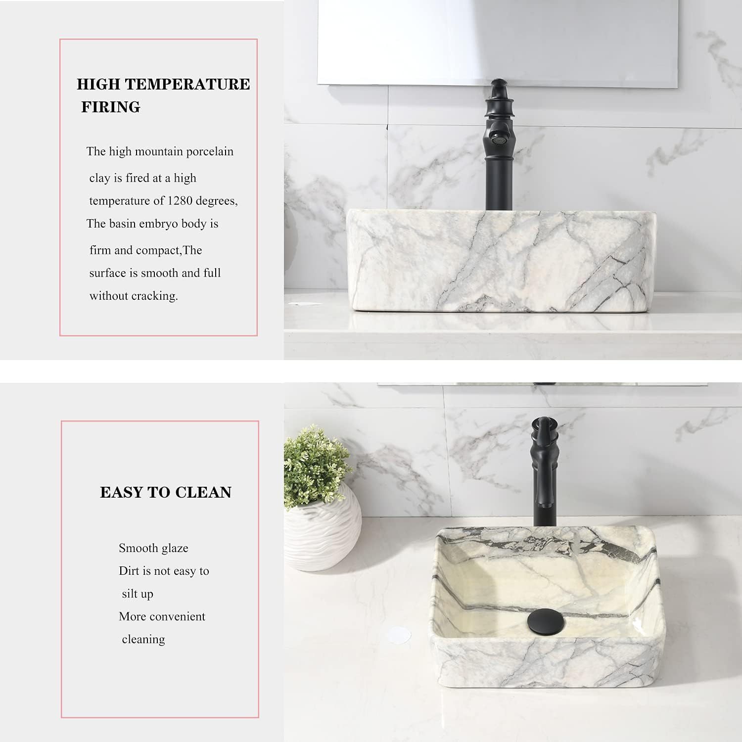 VOKIM - Conjunto de fregadero y llave de baño de 20 x 14 pulgadas, rectángulo moderno sobre el mostrador, porcelana negra, lavabo de cerámica y llave de bronce aceitado