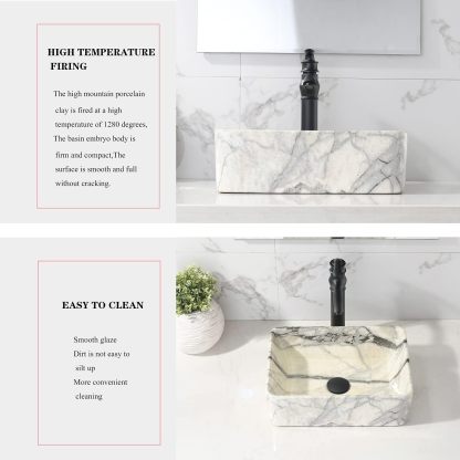 VOKIM - Conjunto de fregadero y llave de baño de 20 x 14 pulgadas, rectángulo moderno sobre el mostrador, porcelana negra, lavabo de cerámica y llave de bronce aceitado