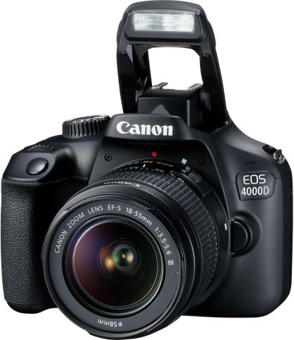 Cámara Canon EOS 4000D con Lente EF-S 18-55mm f/3.5-5.6 III y Accesorios Profesionales: Batería de Repuesto LPE10, Flash Esclavo, Bolsa Grande para Dispositivos en Negro