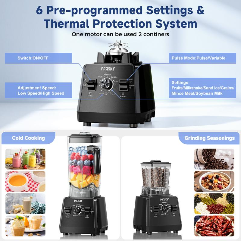 Prasky 2 en 1: Licuadora y Molinillo de 102 oz para uso doméstico. Potente licuadora de cocina de gran capacidad (68 oz), libre de BPA, con 2 recipientes de sobremesa. Tritura hielo, prepara salsas y batidos, y muele café y especias. Ideal para bebidas co
