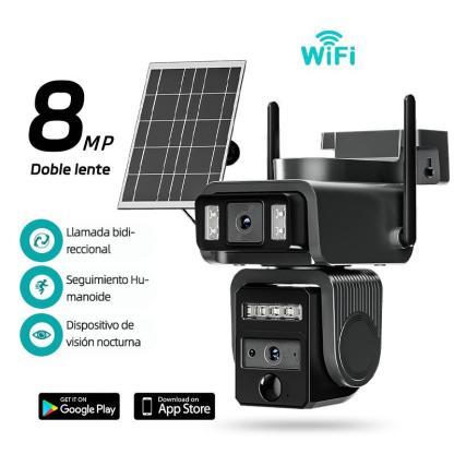 Cámara WiFi de Seguridad Solar Exterior con Lente Dual y Batería 8000mAh - Modelo AJ19-WiFi, 8MP Ultra HD, 360° Panorámica, Visión Nocturna a Color, Alarma Sonora, Comunicación Bidireccional, Sin Mensualidad (Tarjeta SD/Gratis 7 Días), IP66, Fácil Instala
