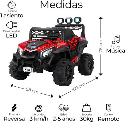 Raganet, Buggy Electrico Montable para Niños Color Rojo, Carrito de Control Remoto y Manejo Directo, con Luces, Estereo y Pedales Funcionales, Medidas: Alto 76cm X Ancho 68cm X Largo 109cm