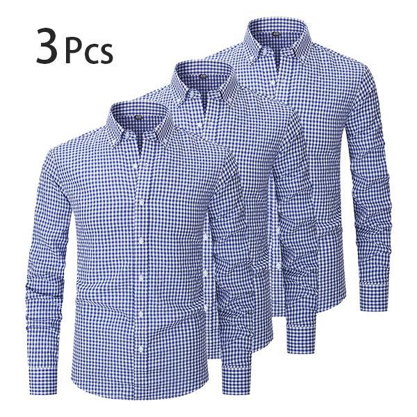【3PCS】Men's plaid shirt; casual daily breathable long-sleeved stretch button-down collar men's coat. camisas mangalarga para hombres Menswear Top