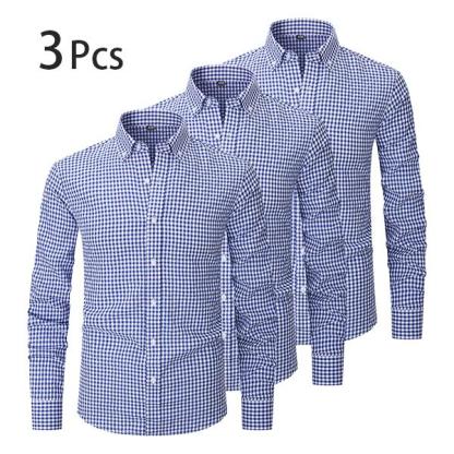 【3PCS】Men's plaid shirt; casual daily breathable long-sleeved stretch button-down collar men's coat. camisas mangalarga para hombres Menswear Top