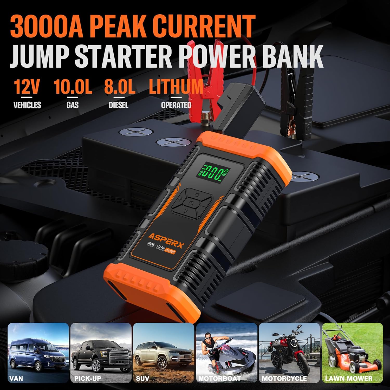 AsperX Arrancador de batería con compresor de Aire 150PSI, Arrancador de batería Portátil de 3000 A 12 V para Motor de Gasolina de hasta 10,0 l o diésel de 8.0 l, con Pantalla 3,4 Pulgadas, luz LED