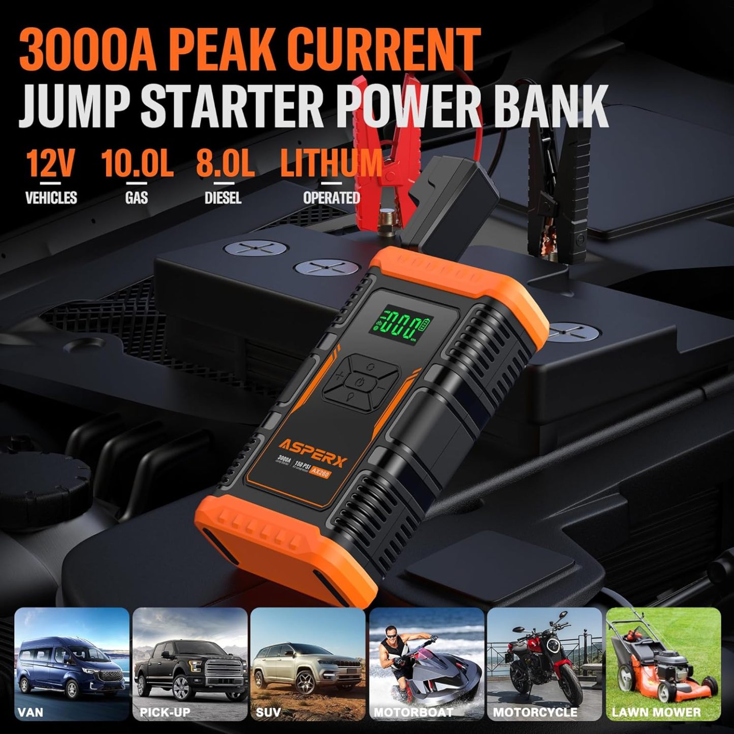 AsperX Arrancador de batería con compresor de Aire 150PSI, Arrancador de batería Portátil de 3000 A 12 V para Motor de Gasolina de hasta 10,0 l o diésel de 8.0 l, con Pantalla 3,4 Pulgadas, luz LED