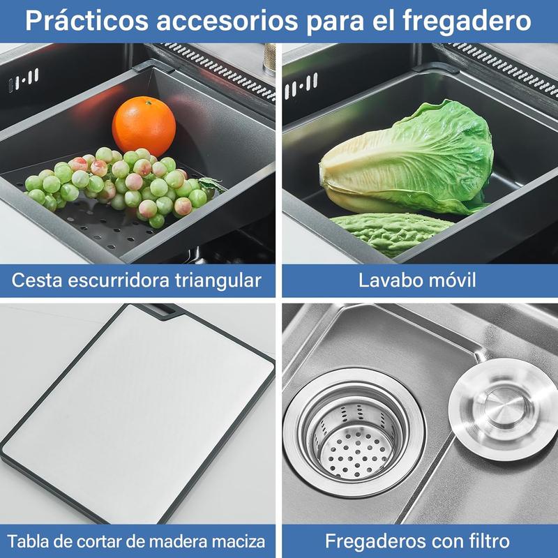 Fregadero de cocina, fregadero de acero inoxidable con cascada, fregadero moderno con dispensador y accesorios para bar, comedor y exterior (60 x 46 cm)