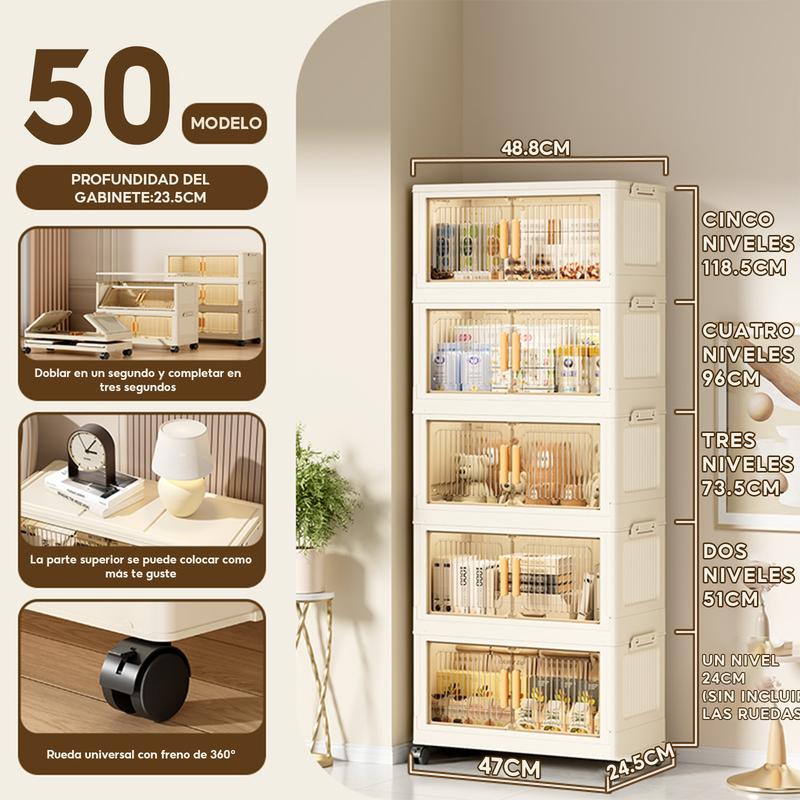 Caja de almacenamiento de plástico plegable de 5 capas: contenedor organizador apilable con tapa y ruedas con puerta transparente, adecuado para cocina, baño, sala de estar