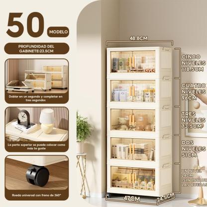 Caja de almacenamiento de plástico plegable de 5 capas: contenedor organizador apilable con tapa y ruedas con puerta transparente, adecuado para cocina, baño, sala de estar