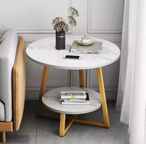 Mesa De Centro Auxiliar Minimalista Redonda Para Sala De Gri Marróny Negro