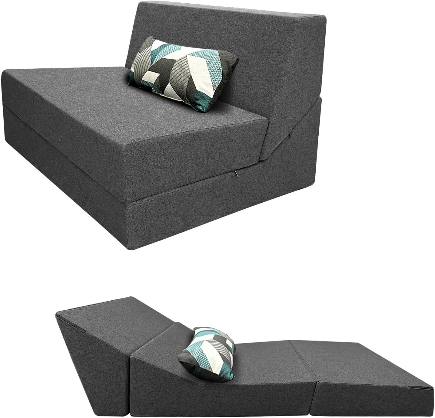 Nigoone - Sofá plegable tamaño Queen de espuma viscoelástica con 2 almohadas, sillón perezoso, triple futón, camas convertibles, funda lavable, gris oscuro