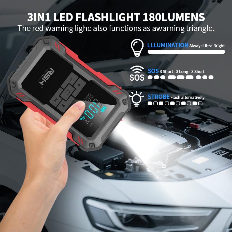 Arrancador de batería ultraseguro de 15000 mAh: Arranca vehículos con batería de 12 V. Incluye compresor de aire de 150 PSI, carga rápida de 45 W, medidor de presión de neumáticos y luz LED. Incluye cables de arranque, manguera de aire, bolsa de almacenam