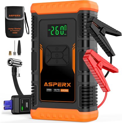 AsperX Arrancador de batería con compresor de Aire 150PSI, Arrancador de batería Portátil de 3000 A 12 V para Motor de Gasolina de hasta 10,0 l o diésel de 8.0 l, con Pantalla 3,4 Pulgadas, luz LED