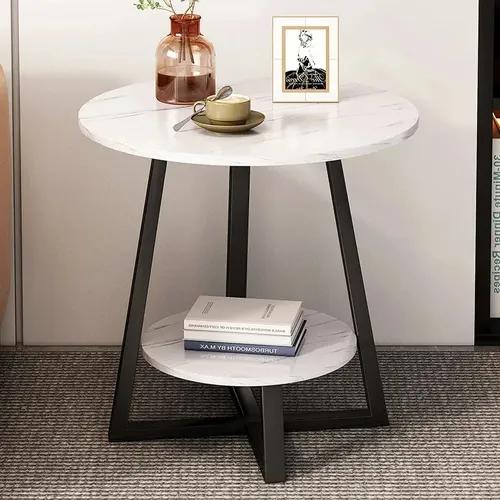 Mesa De Centro Auxiliar Minimalista Redonda Para Sala De Gri Marróny Negro