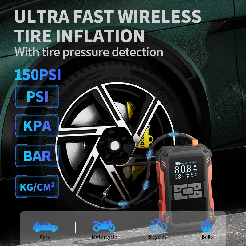 Arrancador de batería ultraseguro de 15000 mAh: Arranca vehículos con batería de 12 V. Incluye compresor de aire de 150 PSI, carga rápida de 45 W, medidor de presión de neumáticos y luz LED. Incluye cables de arranque, manguera de aire, bolsa de almacenam