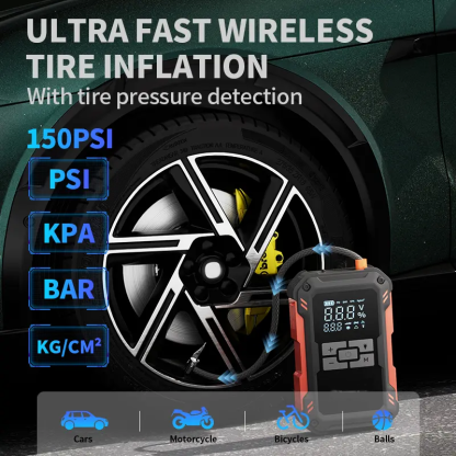 Arrancador de batería ultraseguro de 15000 mAh: Arranca vehículos con batería de 12 V. Incluye compresor de aire de 150 PSI, carga rápida de 45 W, medidor de presión de neumáticos y luz LED. Incluye cables de arranque, manguera de aire, bolsa de almacenam