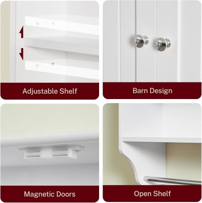 Iwell Mueble de baño montado en la pared con toallero y estante ajustable, clóset de almacenamiento sobre el inodoro, gabinete de medicina para baño, blanco