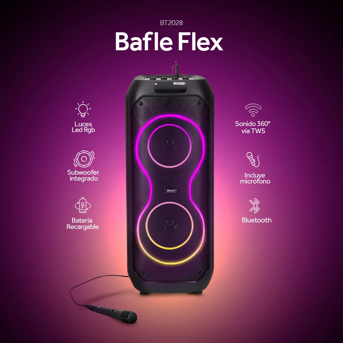 [Copy]Bocina Bafle Bluetooth Select Sound 2x8 Modelo Flex Subwoofer Radio Fm Tws Potencia 30w Rms Color Negro Incluye Micrófono