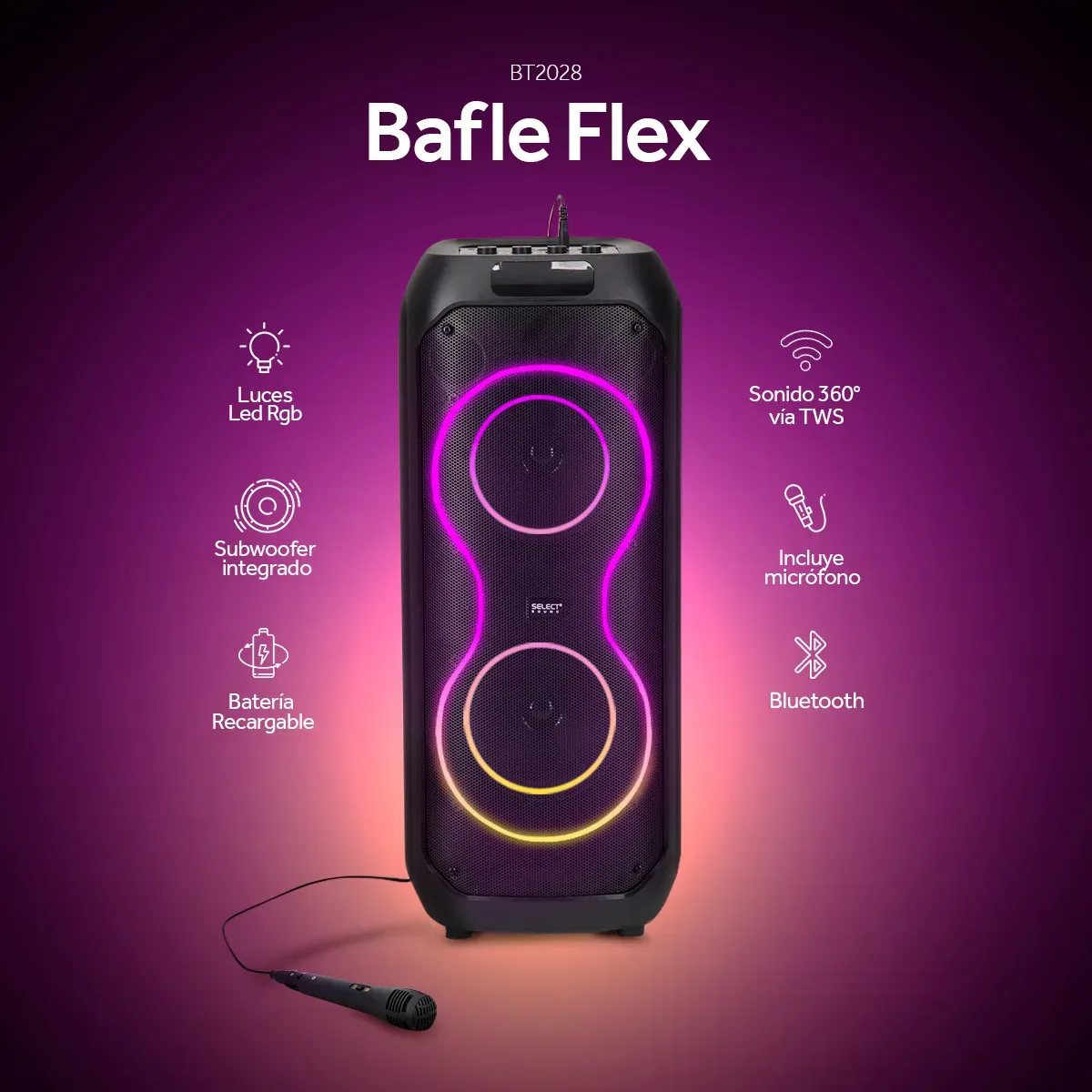 [Copy]Bocina Bafle Bluetooth Select Sound 2x8 Modelo Flex Subwoofer Radio Fm Tws Potencia 30w Rms Color Negro Incluye Micrófono