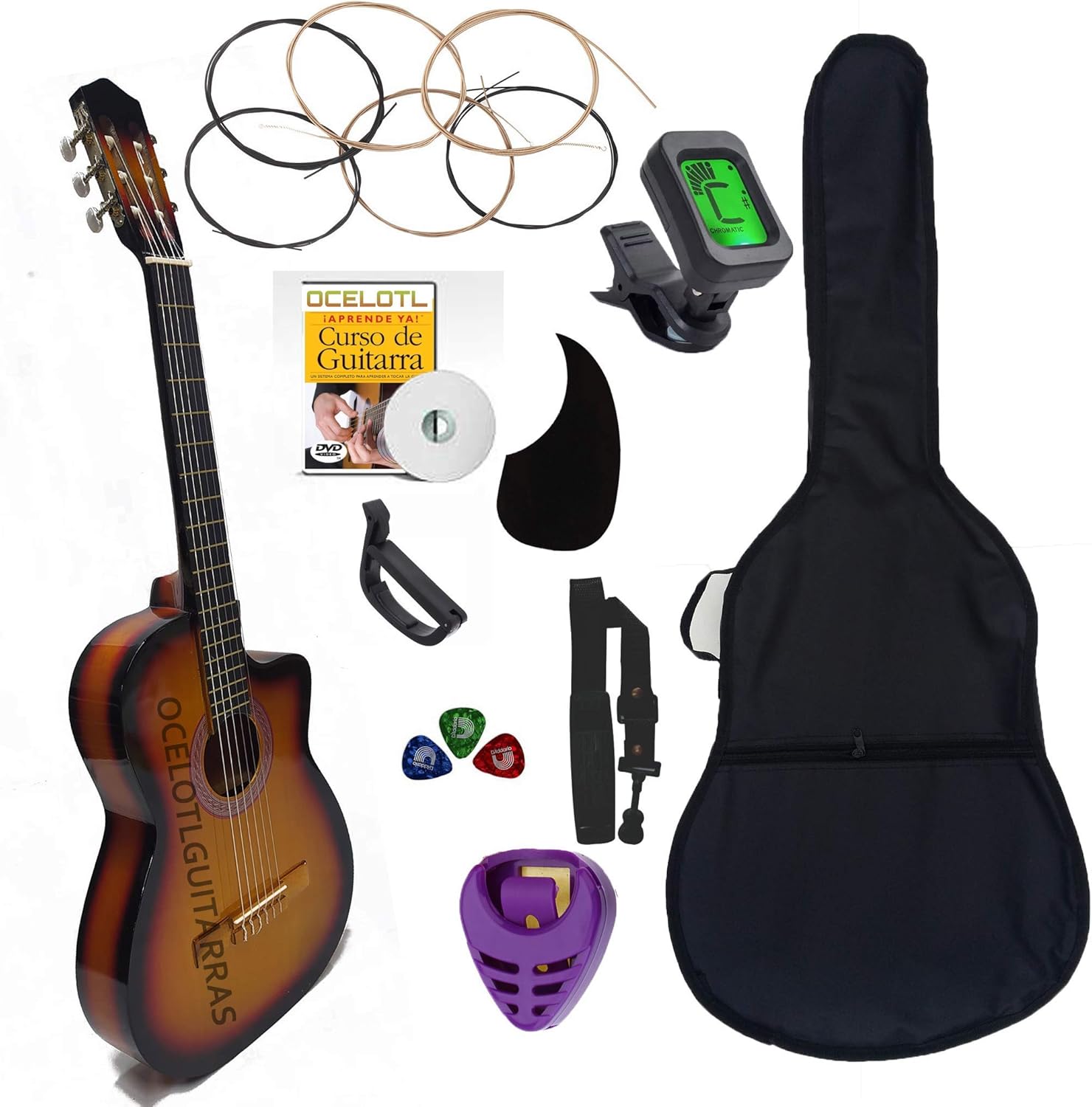 Guitarra Acústica Curva Ocelotl® Paquete Vital De Accesorios (Negro)