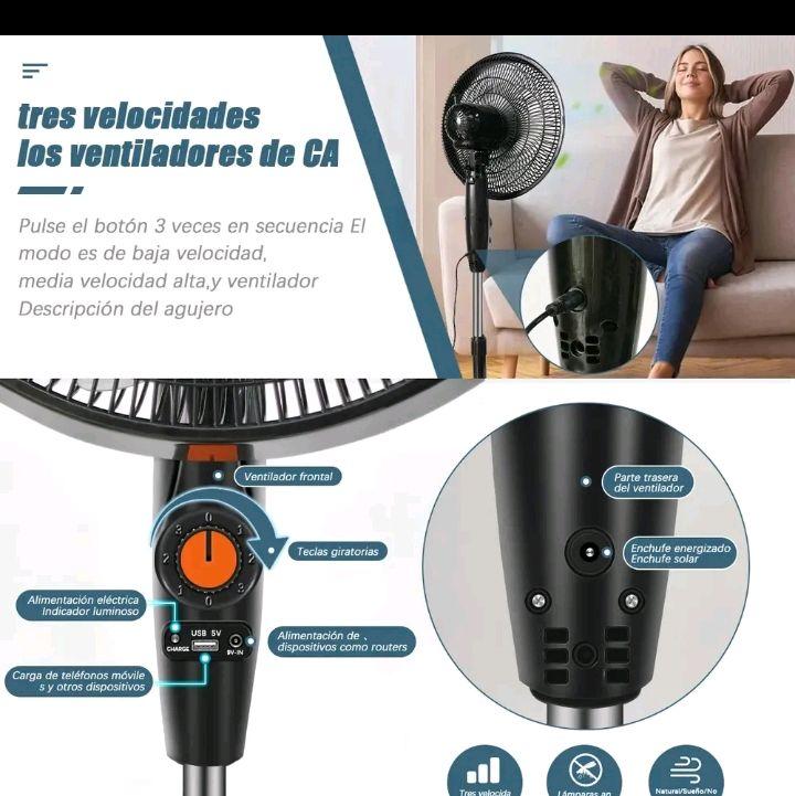 Ventilador Tres Velocidades Recargable con Panel Solar Tres Ajustes de Viento Tono Claro y Poco Ruido Gran Angular Viento Cinco Hojas Ereeze Fuerte